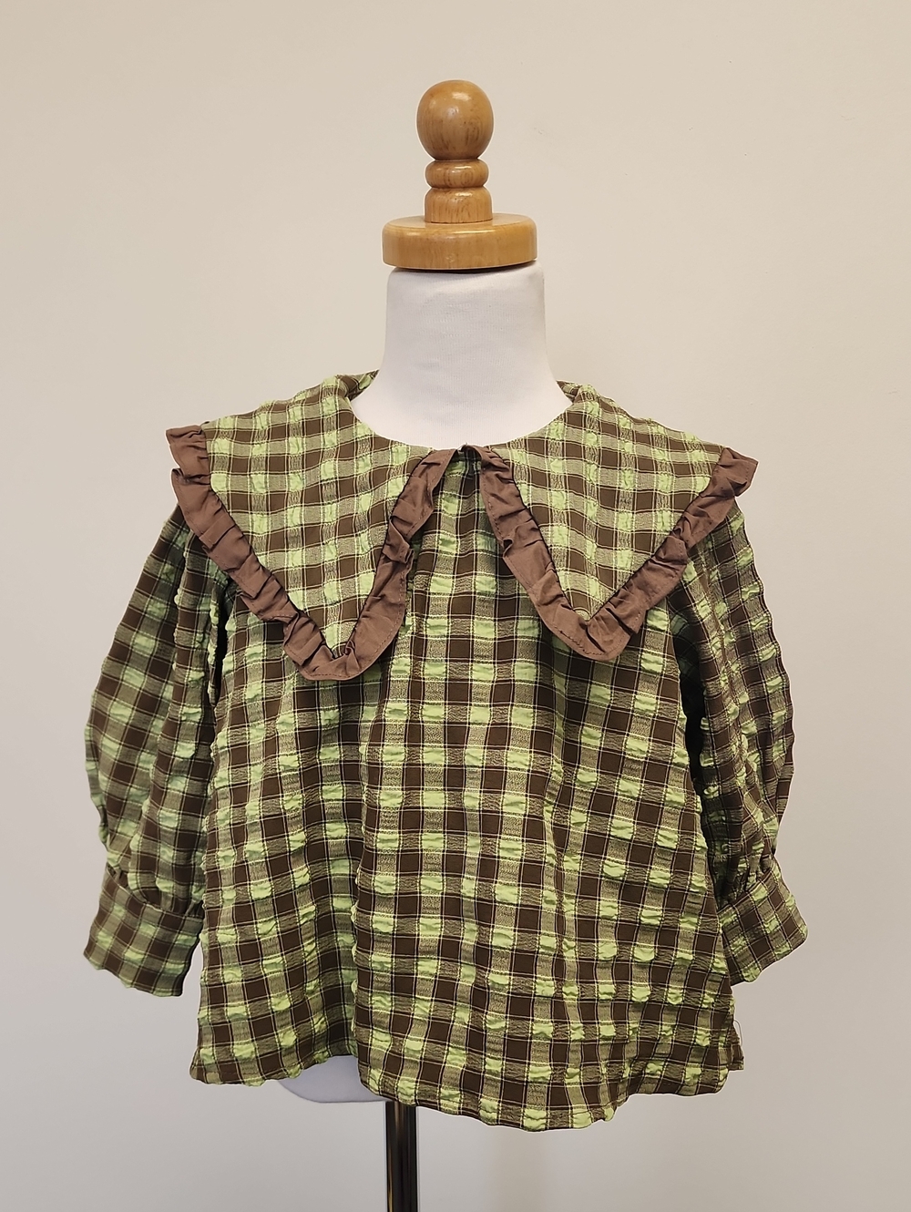 SHEIN Girls Green Brown Plaid Ruffle Collar Shirt Size 5Y